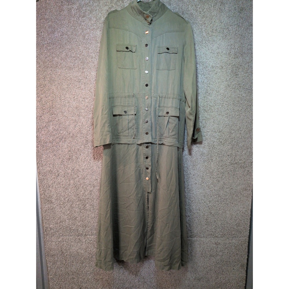 Christina Karin Olive Green Tencel Utility Maxi Dress Snap Front Drawstring S
